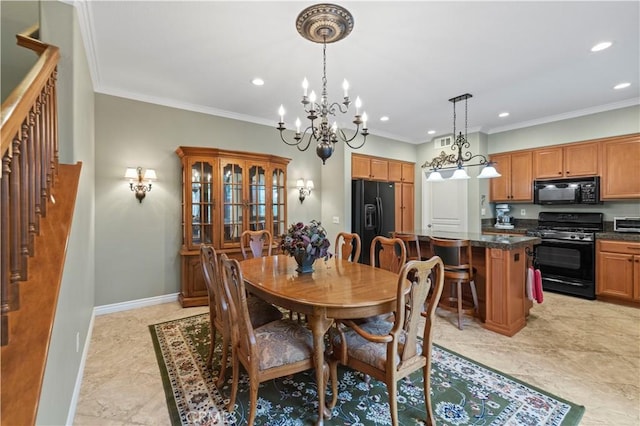 dining space with visible vents, ornamental molding, recessed lighting, baseboards, and stairs