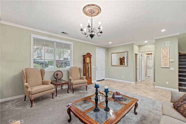 living room featuring visible vents, a notable chandelier, ornamental molding, stairway, and baseboards