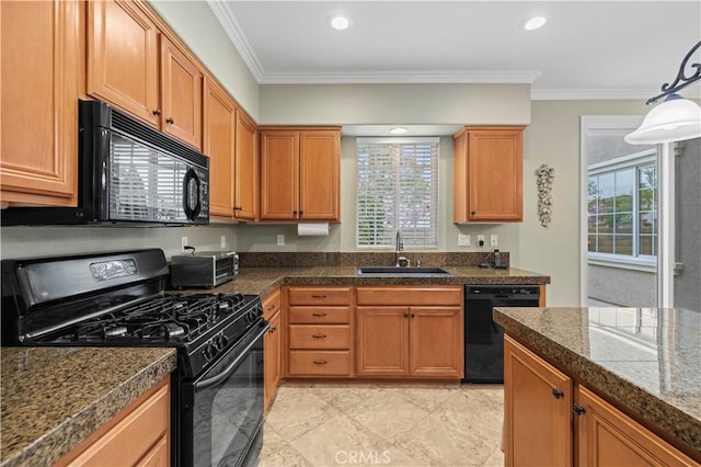 kitchen featuring black appliances, tile countertops, crown molding, and a sink