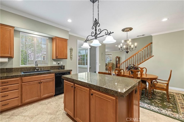 kitchen with plenty of natural light, ornamental molding, dishwasher, and a sink