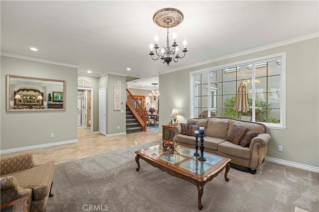 living area with baseboards, recessed lighting, ornamental molding, stairs, and a notable chandelier