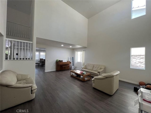 living area with baseboards, wood finished floors, and a towering ceiling