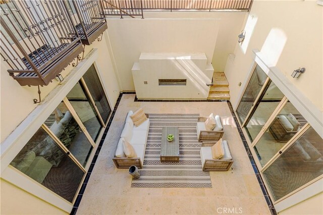 stairway with a high ceiling