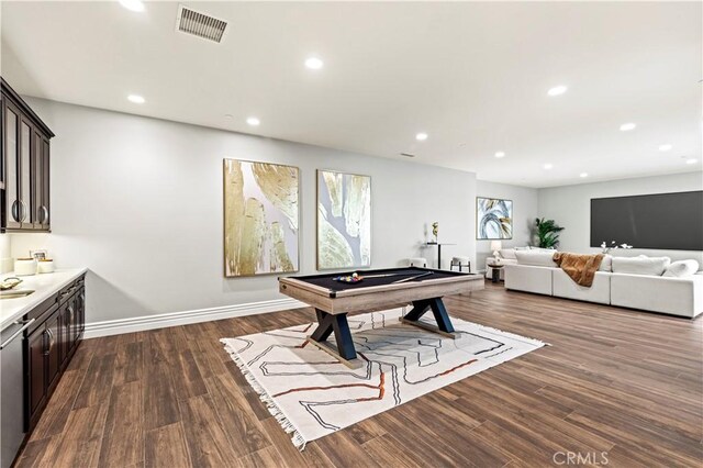 game room featuring recessed lighting, visible vents, baseboards, and dark wood-style flooring