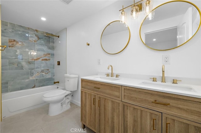 bathroom with tile patterned flooring, double vanity, toilet, and a sink