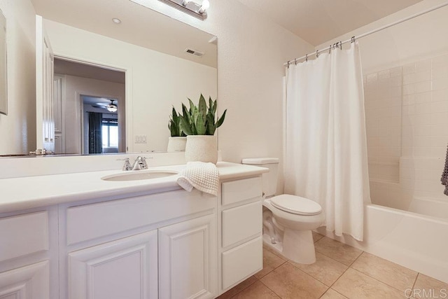 full bathroom with vanity, visible vents, tile patterned flooring, shower / bath combination with curtain, and toilet