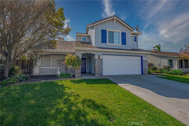 traditional home with a front lawn, stone siding, a porch, concrete driveway, and an attached garage