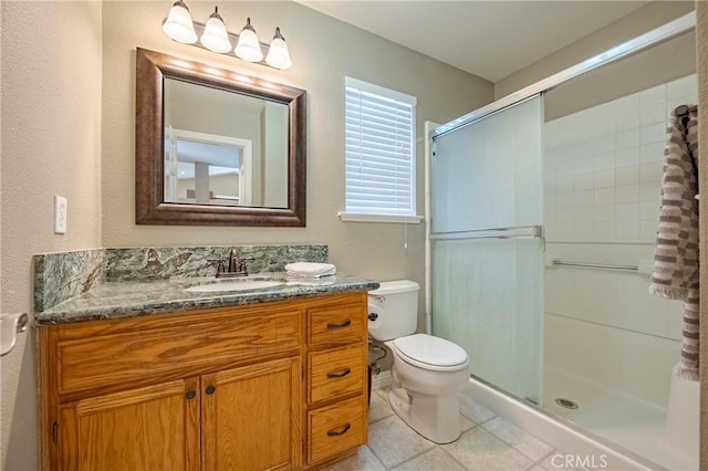 bathroom with vanity, tile patterned floors, toilet, and a stall shower