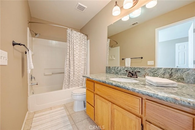 full bath with visible vents, toilet, shower / tub combo, tile patterned floors, and vanity