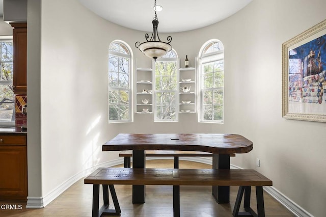dining space featuring baseboards and wood finished floors