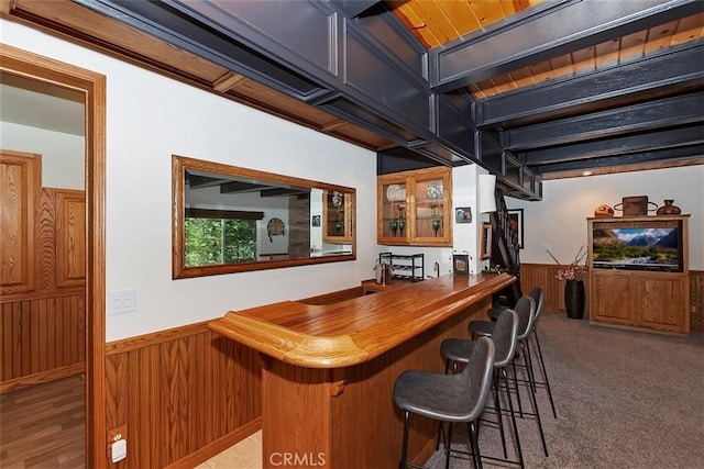 bar with wet bar, wooden walls, light colored carpet, and a wainscoted wall