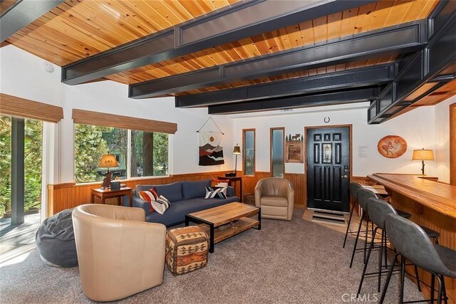 carpeted living area featuring beam ceiling, a wainscoted wall, plenty of natural light, and wood ceiling