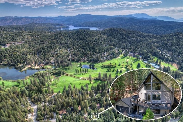 drone / aerial view featuring a wooded view and a water and mountain view