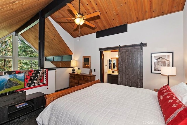 bedroom with wood ceiling, lofted ceiling with beams, and a barn door