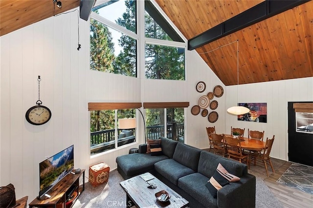 living room featuring wood ceiling, beamed ceiling, a healthy amount of sunlight, and wood finished floors