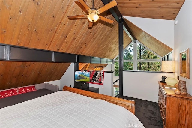 bedroom featuring lofted ceiling with beams, wooden ceiling, and carpet floors