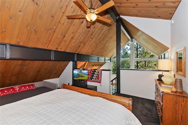carpeted bedroom featuring wood ceiling and vaulted ceiling with beams
