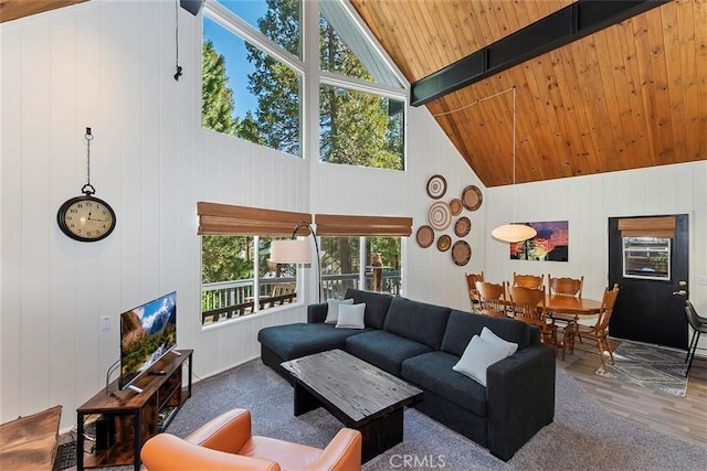 living room with beamed ceiling, high vaulted ceiling, wood ceiling, and wood finished floors