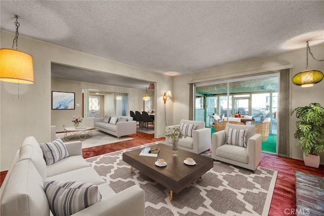 living area with wood finished floors, a healthy amount of sunlight, and a textured ceiling