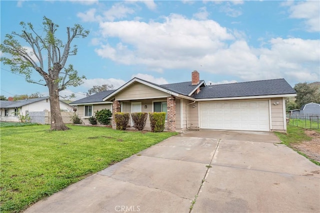 ranch-style house featuring a front lawn, fence, a chimney, a garage, and driveway