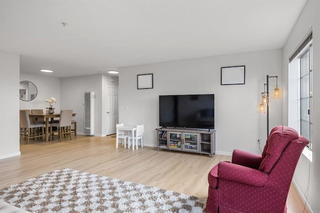 living area featuring baseboards and wood finished floors