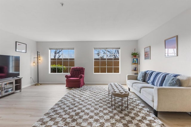 living area with baseboards and wood finished floors