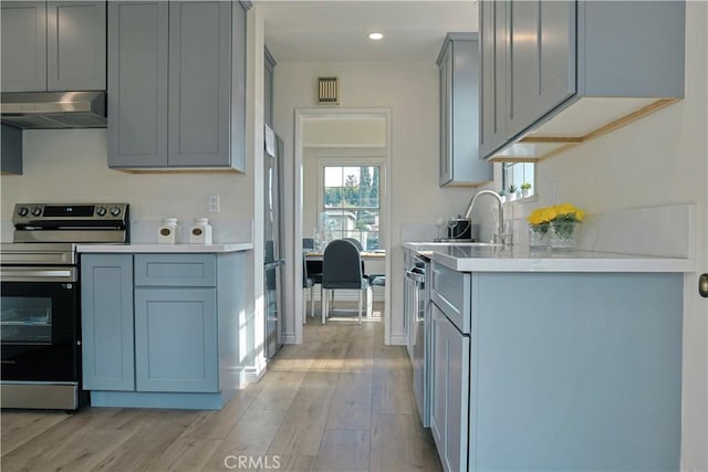 kitchen featuring gray cabinetry, under cabinet range hood, a sink, stainless steel appliances, and light countertops