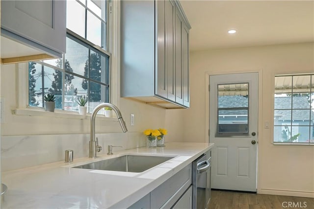 kitchen with a sink, plenty of natural light, and gray cabinets