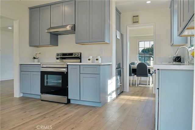 kitchen with electric range, light wood-type flooring, gray cabinetry, under cabinet range hood, and light countertops