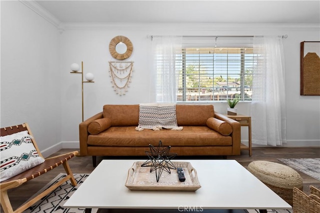 living area with wood finished floors, baseboards, and ornamental molding