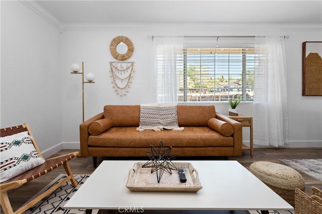 56838 Bonanza Dr, Yucca Valley, CA 92284 - living room with baseboards, wood finished floors, and ornamental molding