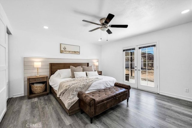 bedroom featuring recessed lighting, french doors, wood finished floors, and access to outside