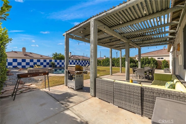 view of patio / terrace featuring an outdoor living space, outdoor dining area, area for grilling, and a pergola