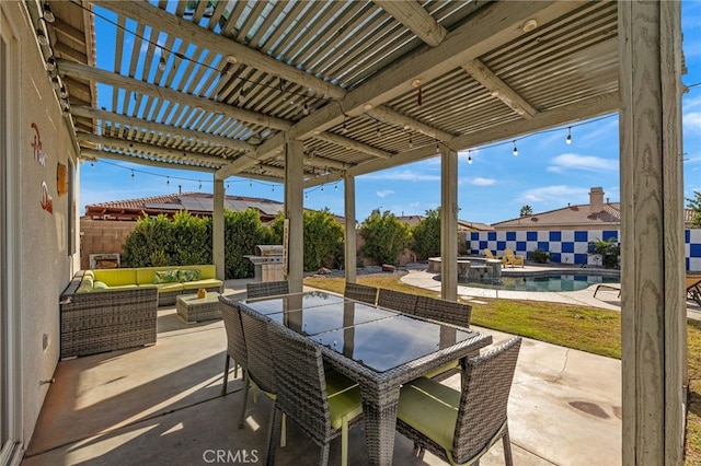 view of patio / terrace with outdoor dining area, a fenced backyard, a pergola, a pool with connected hot tub, and outdoor lounge area