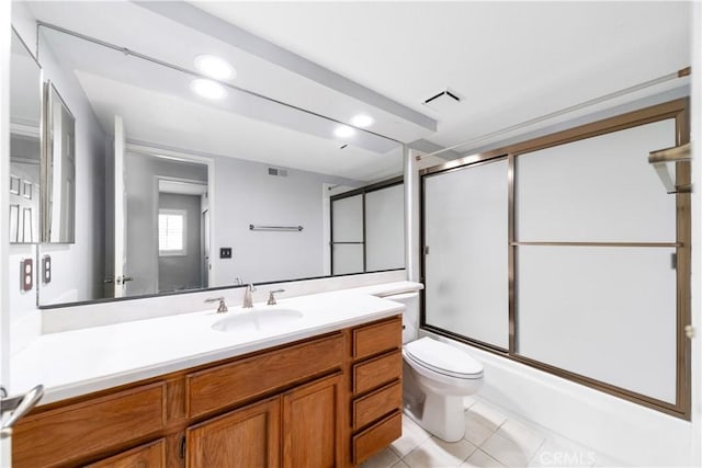 full bath with tile patterned flooring, toilet, recessed lighting, enclosed tub / shower combo, and vanity