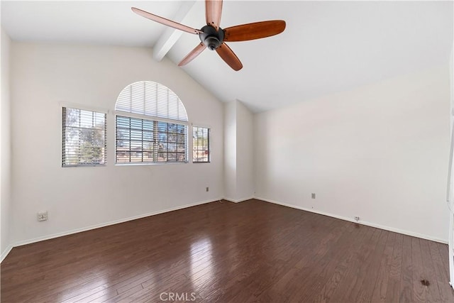 empty room with dark wood finished floors, lofted ceiling with beams, baseboards, and ceiling fan