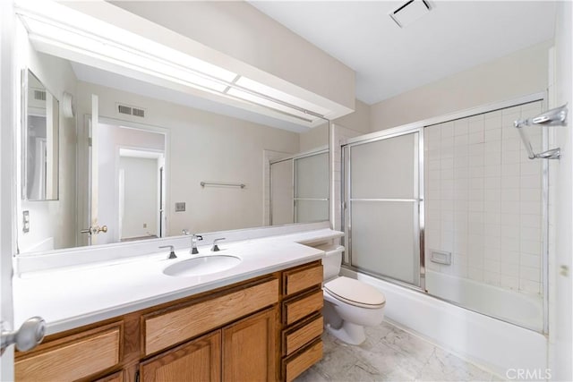 full bathroom featuring shower / bath combination with glass door, visible vents, toilet, and vanity