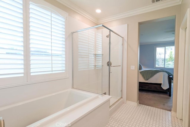 ensuite bathroom featuring crown molding, a garden tub, a stall shower, and connected bathroom