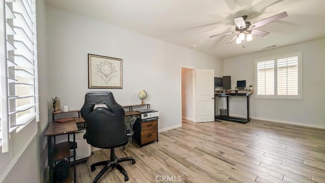 office space with a ceiling fan, visible vents, light wood-type flooring, and baseboards