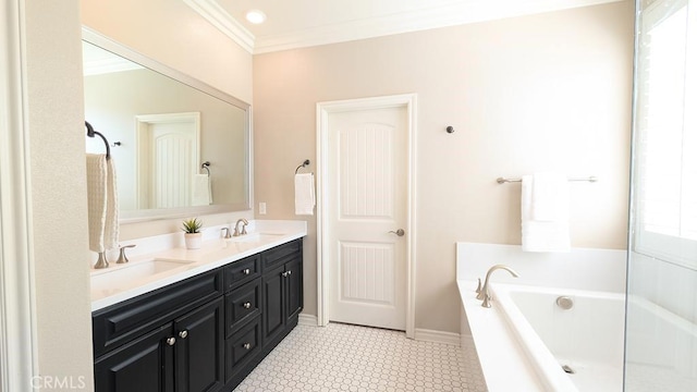 bathroom featuring a bath, double vanity, crown molding, and a sink