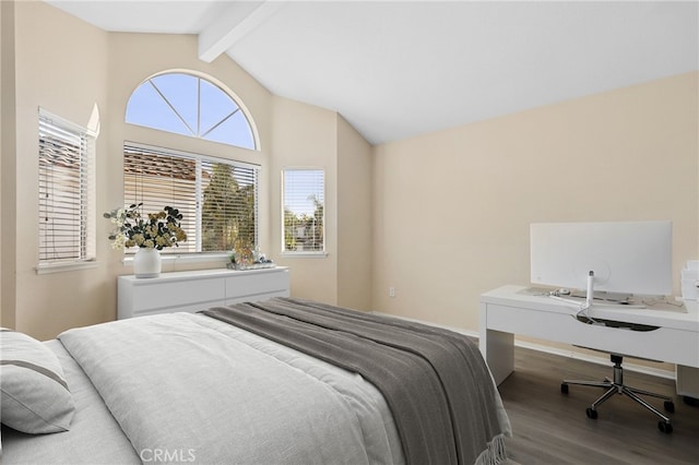 bedroom featuring vaulted ceiling with beams and wood finished floors