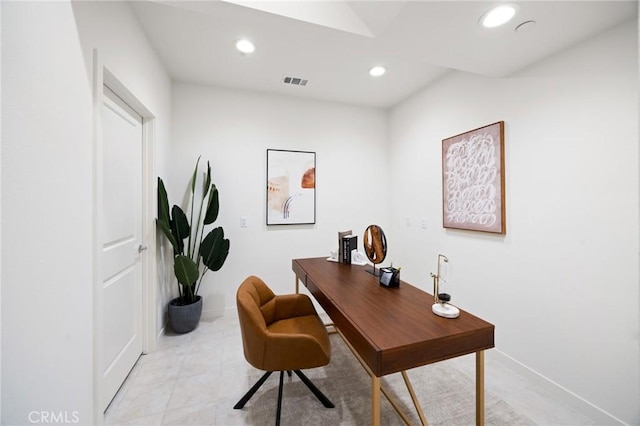 office featuring recessed lighting, visible vents, and baseboards