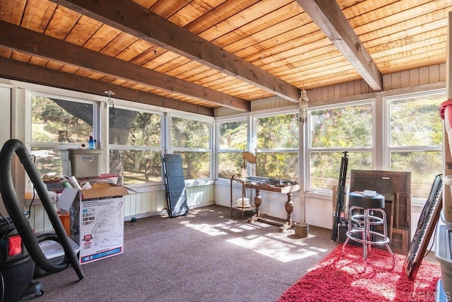 sunroom / solarium with beam ceiling and wood ceiling