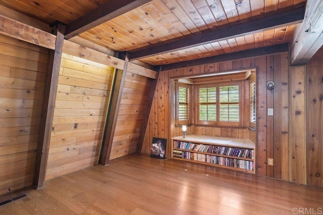 interior space featuring beam ceiling, wooden walls, and wooden ceiling