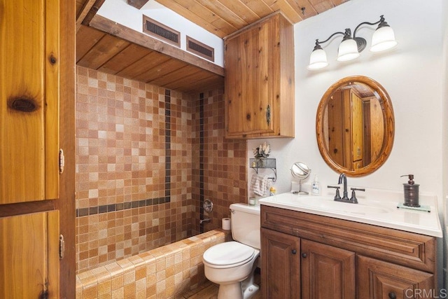 full bathroom featuring wooden ceiling, toilet, and vanity