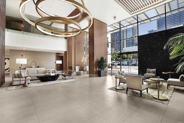 building lobby featuring a view of city
