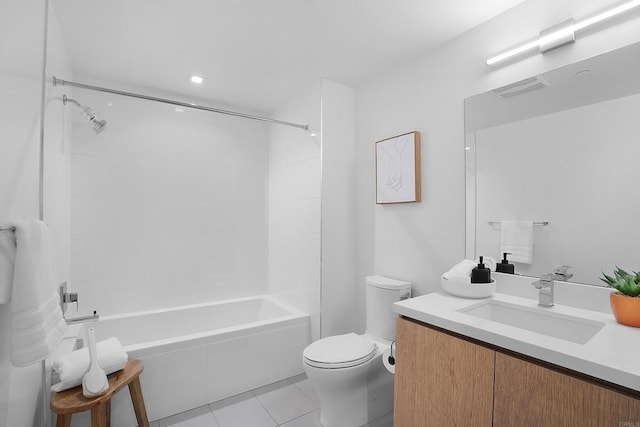 bathroom with toilet, vanity, tile patterned flooring, visible vents, and shower / bath combination