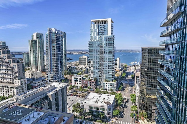 property's view of city featuring a water view