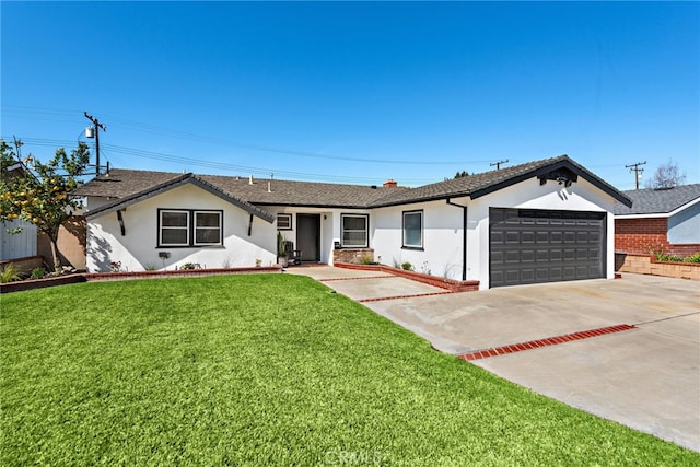 ranch-style home with stucco siding, a front yard, concrete driveway, and an attached garage