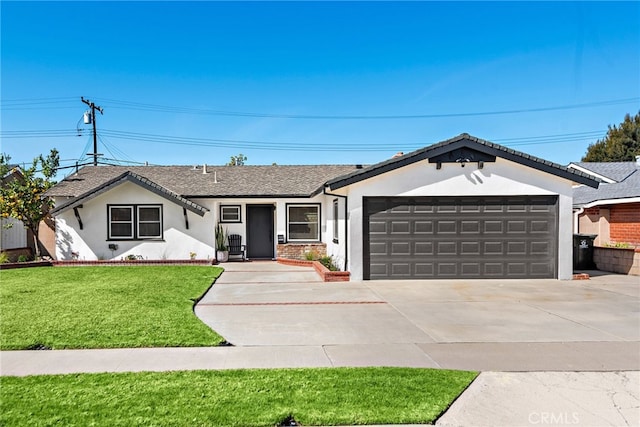 ranch-style home with a front lawn, an attached garage, driveway, and stucco siding